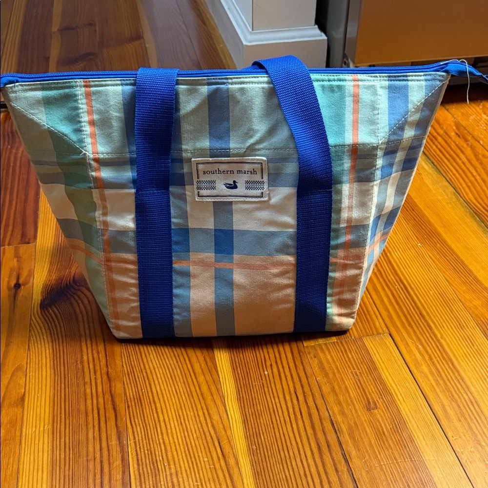 Southern Marsh Blue and Orange Plaid Tote